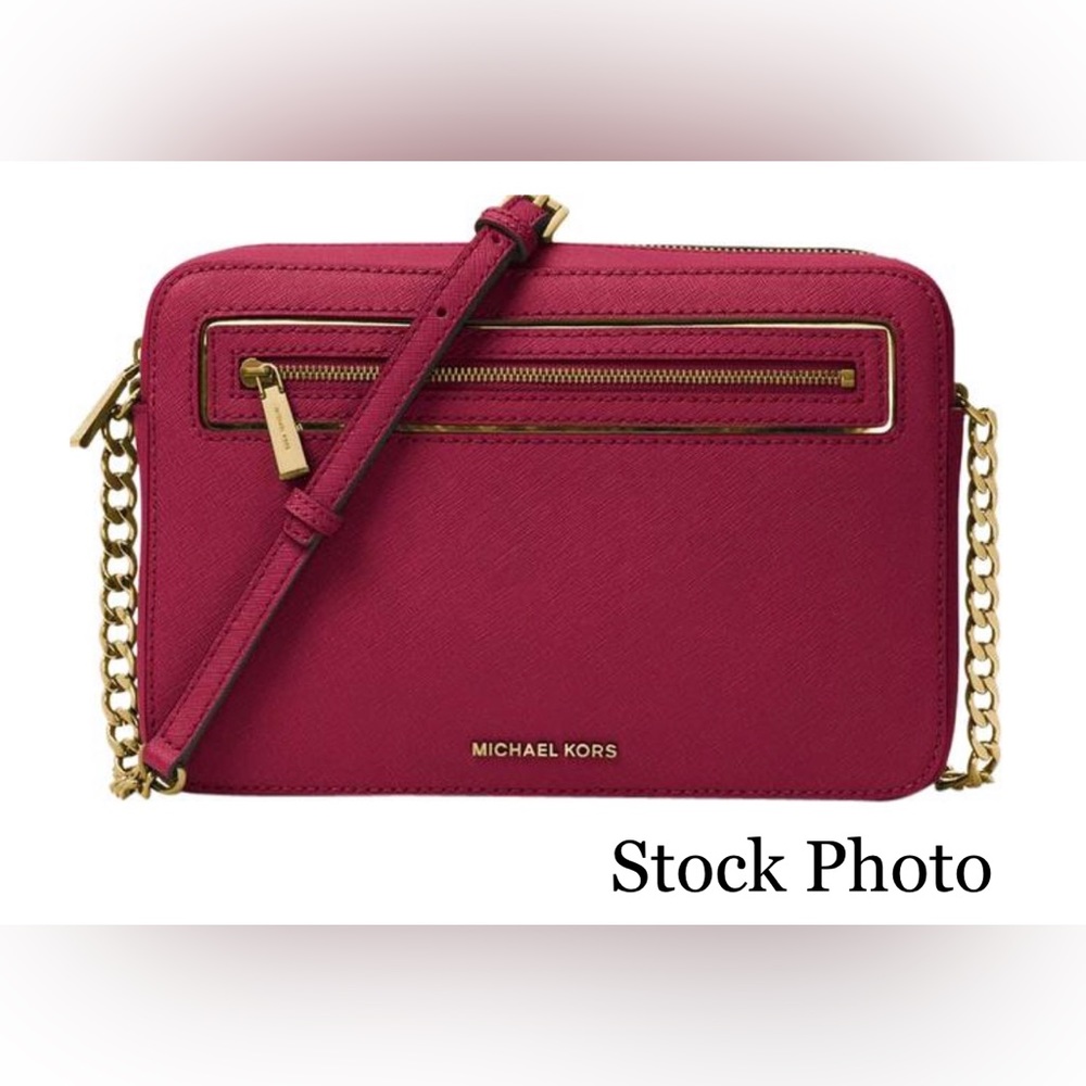 Michael Kors LG Frame Out Item Cherry Red Cross Grain Leather Crossbody Bag
